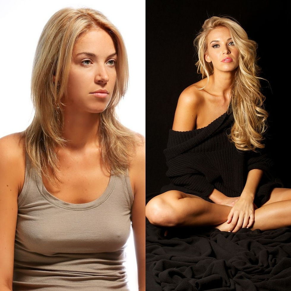 Before and after glamorous long blonde extensions on fine hair for a photo-shoot style transformatio