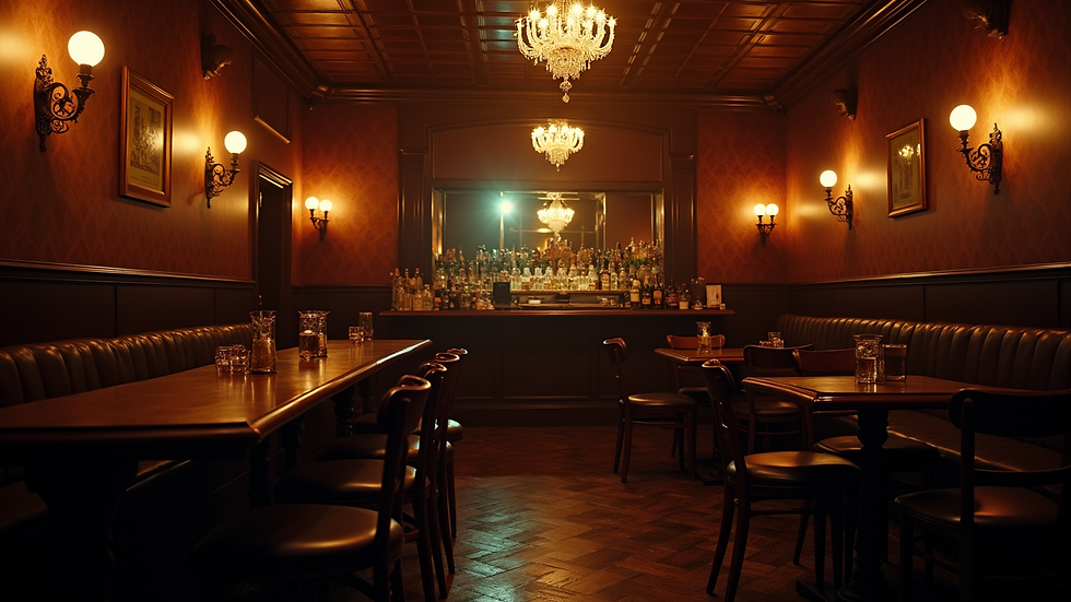 High angle view of a vintage speakeasy bar with dim lighting