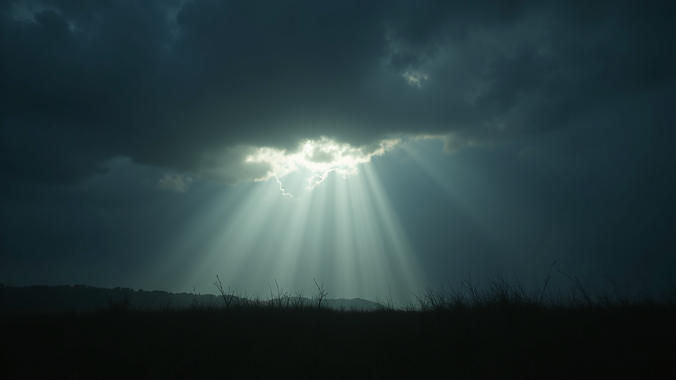 Wide angle view of a dark stormy sky with a single ray of light breaking through