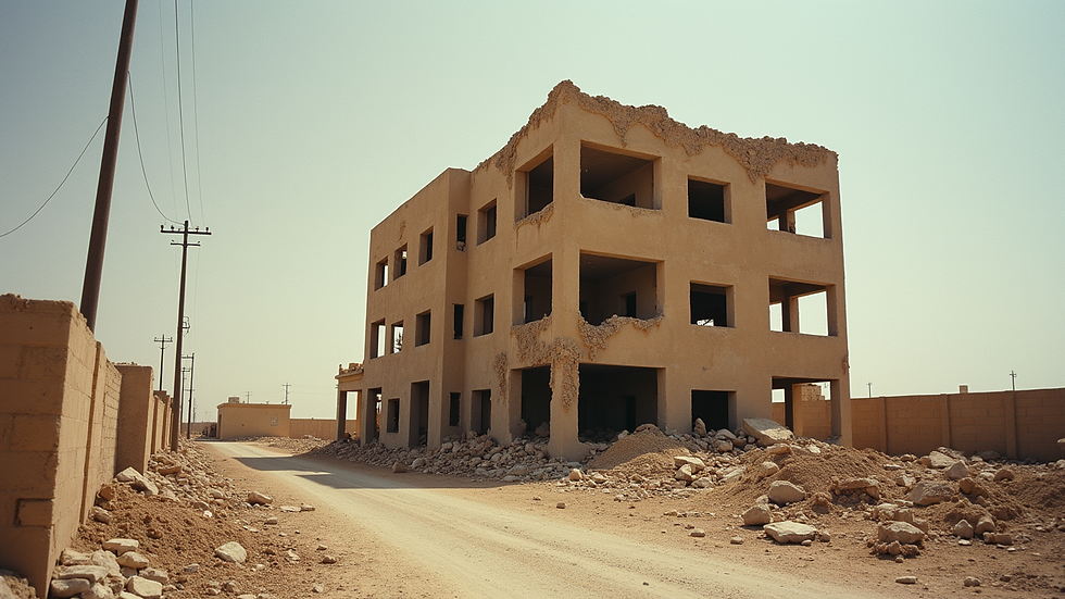 Eye-level view of a damaged building in Iraq post-war