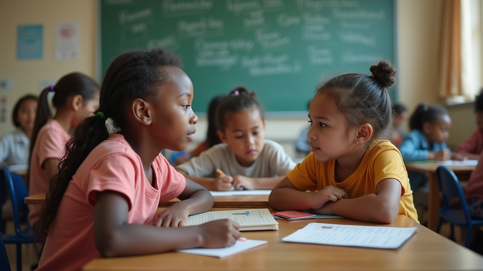 Eye-level view of a classroom with children learning about social issues