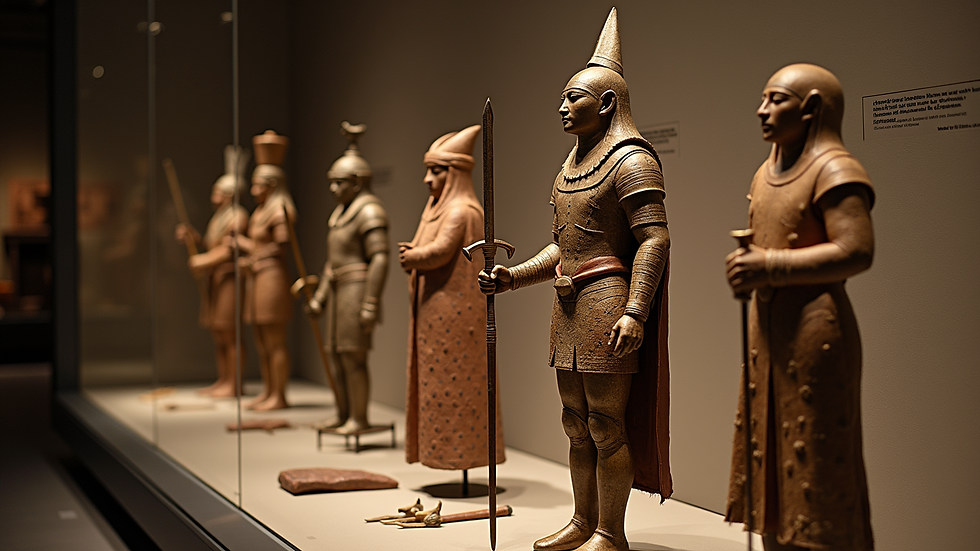 Eye-level view of ancient Sumerian artifacts related to warfare