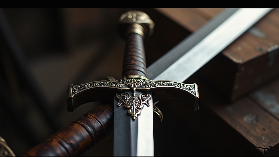 Close-up view of a beautifully crafted sword with intricate designs