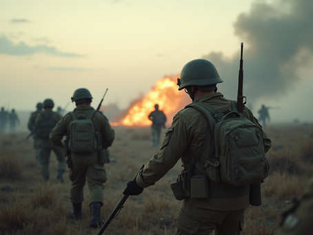 A dramatic scene depicting soldiers in a battlefield during a war