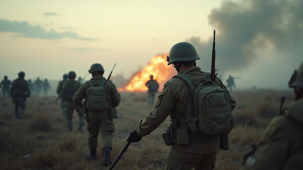 Wide angle view of a battlefield with soldiers in action