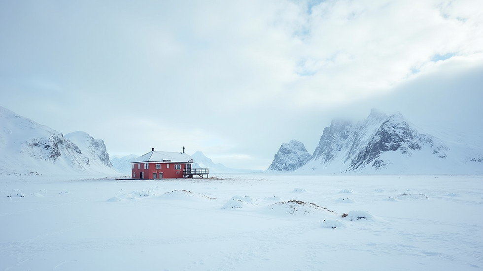 Eye-level view of a snowy Antarctic landscape with a research station