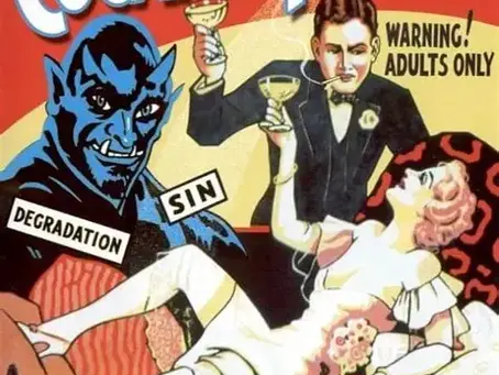 A vintage propaganda poster depicting drug danger of crime, suicide, prostitution, degradation and sin.
