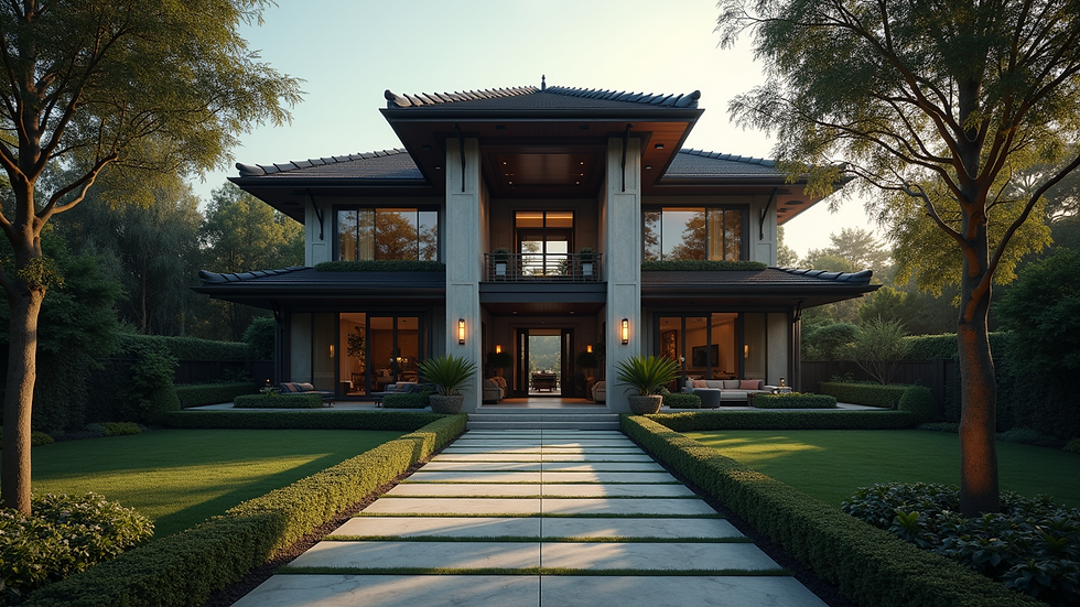 High angle view of a luxurious mansion surrounded by greenery
