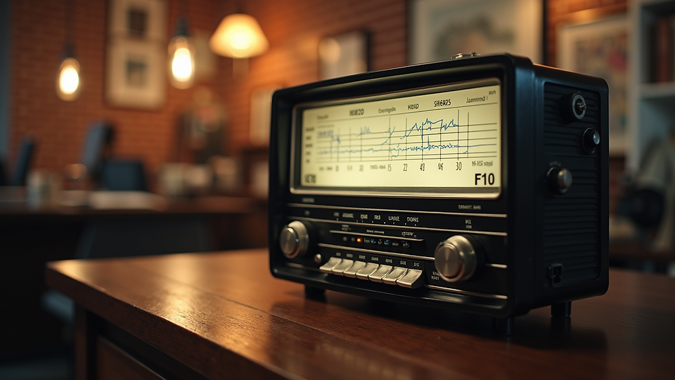Eye-level view of a vintage radio broadcasting news