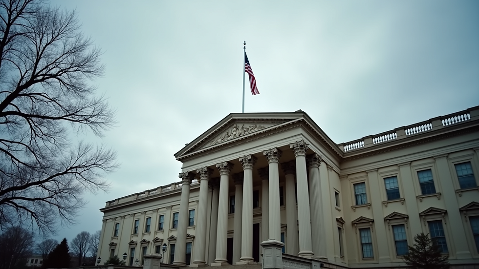 Eye-level view of a government building with a flag