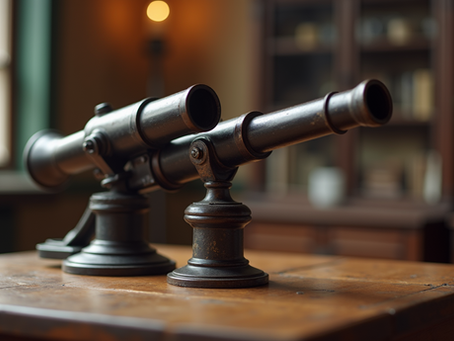 A vintage telescope resting on a wooden table, symbolizing the evolution of military reconnaissance tools.