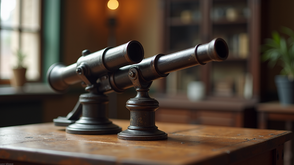 Close-up view of a vintage telescope on a wooden table