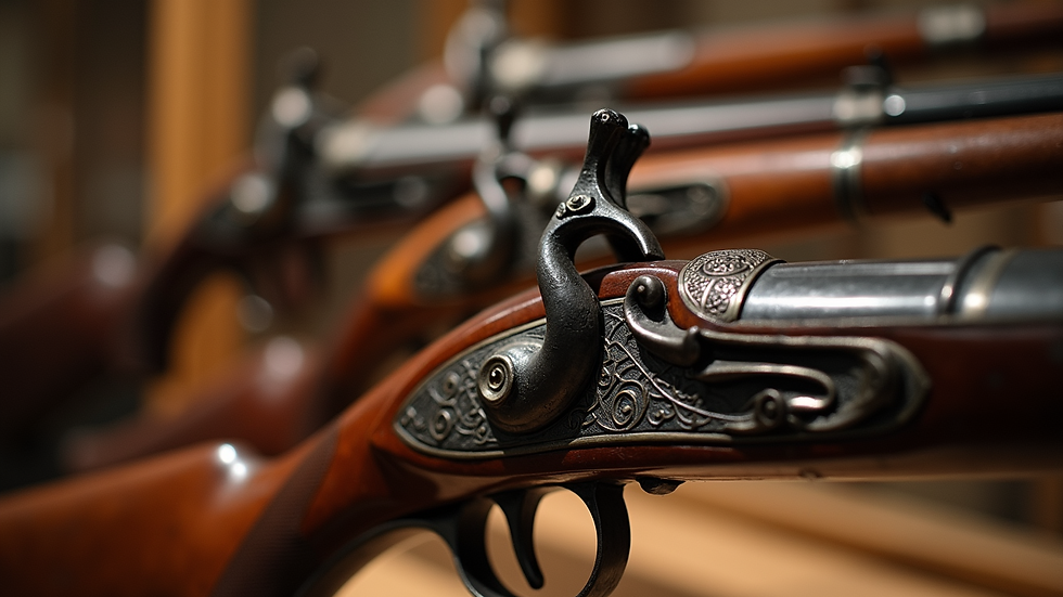 High angle view of a collection of medieval firearms displayed in a museum