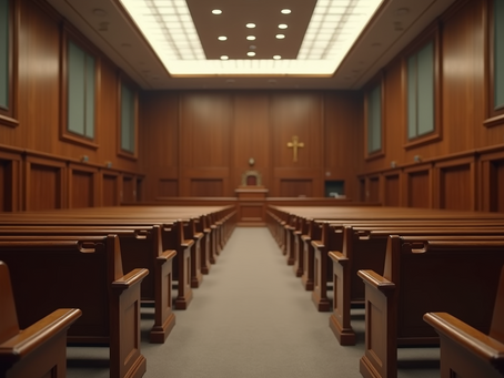 A courtroom ready for a hearing