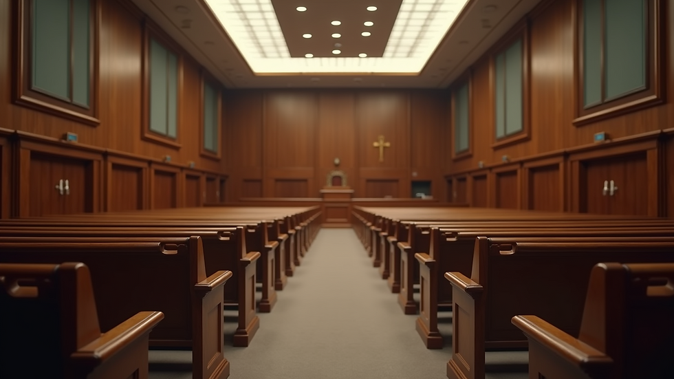Eye-level view of a courtroom with empty benches