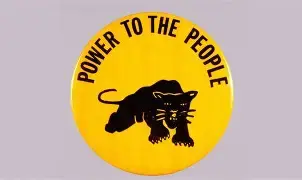 Eye-level view of a Black Panther Party rally with participants holding signs