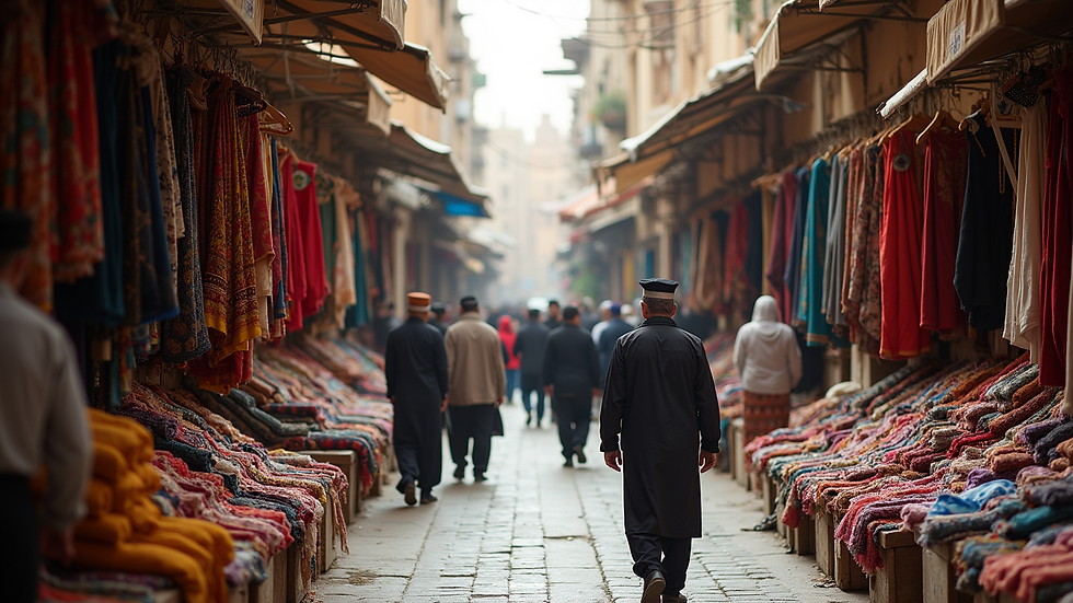 Wide angle view of a bustling market in an Arab city