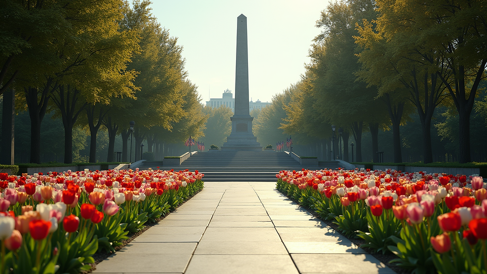 Wide angle view of a war memorial honoring the fallen soldiers of World War II