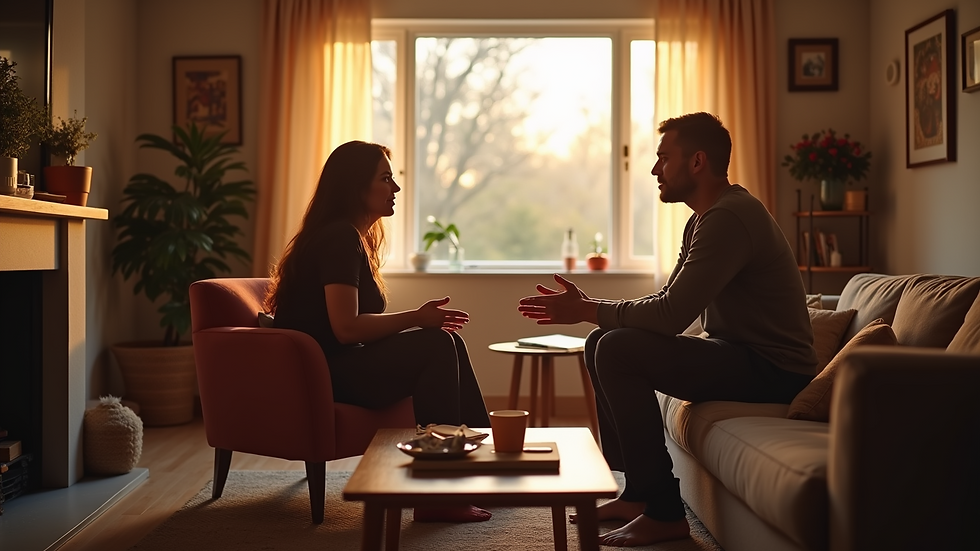 Eye-level view of a cozy living room with a couple discussing their relationship