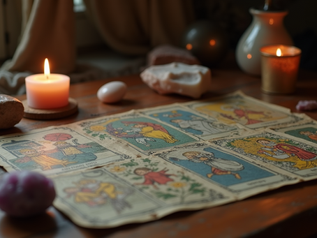 A vintage psychic reading table with tarot cards and crystals