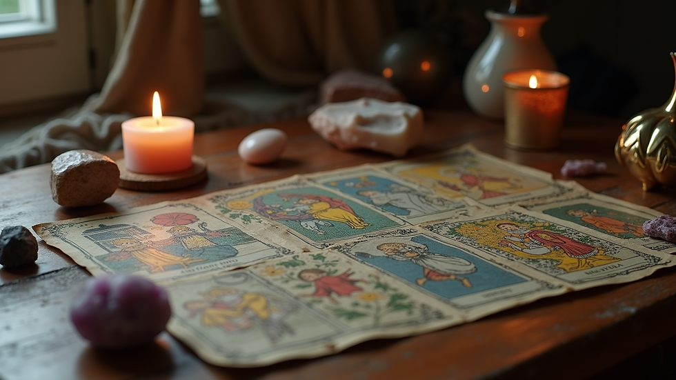 Eye-level view of a vintage psychic reading table with tarot cards and crystals