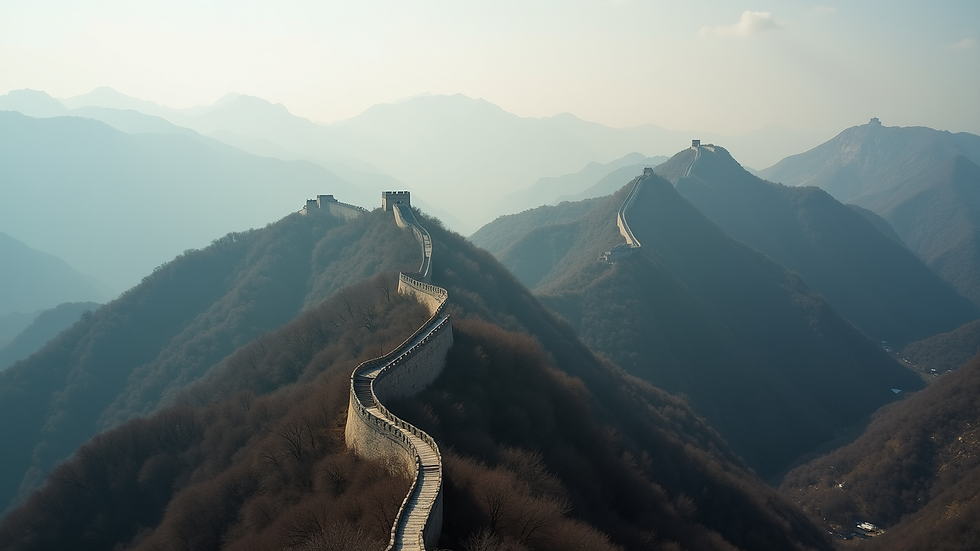 High angle view of the Great Wall of China stretching across the mountains