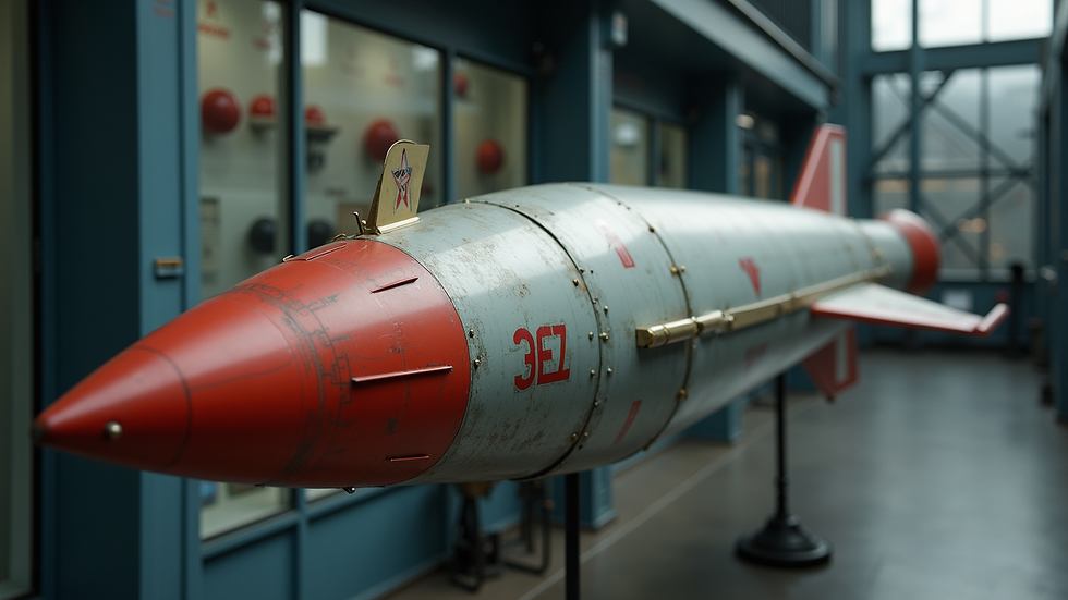 Eye-level view of a vintage Soviet rocket on display