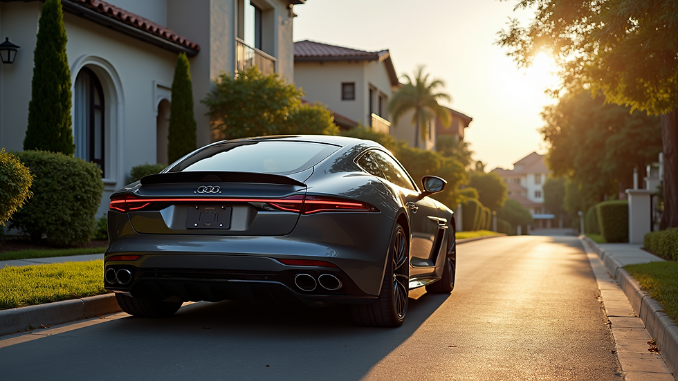 Eye-level view of a luxury car parked in an upscale neighborhood