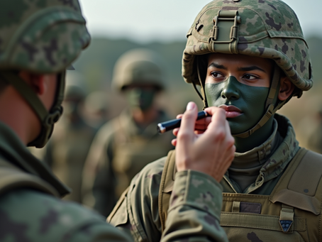 A soldier preparing for battle with camouflage face paint