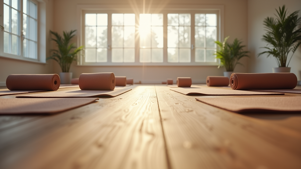 Eye-level view of a yoga studio with mats neatly arranged