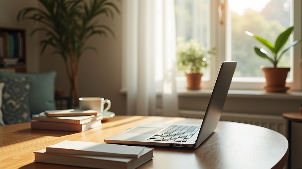Wide angle view of a cozy home workspace with wellness books and a laptop