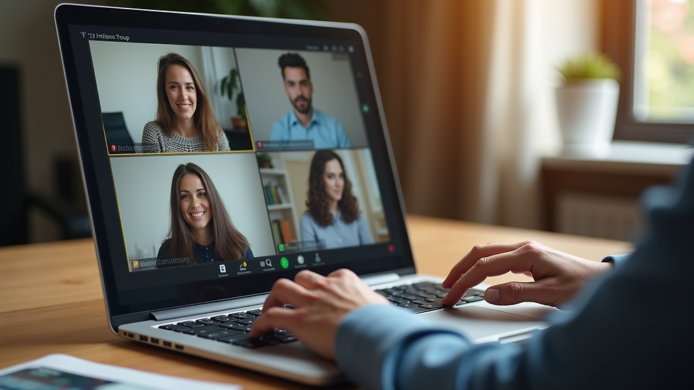 High angle view of a laptop screen showing an online support group meeting
