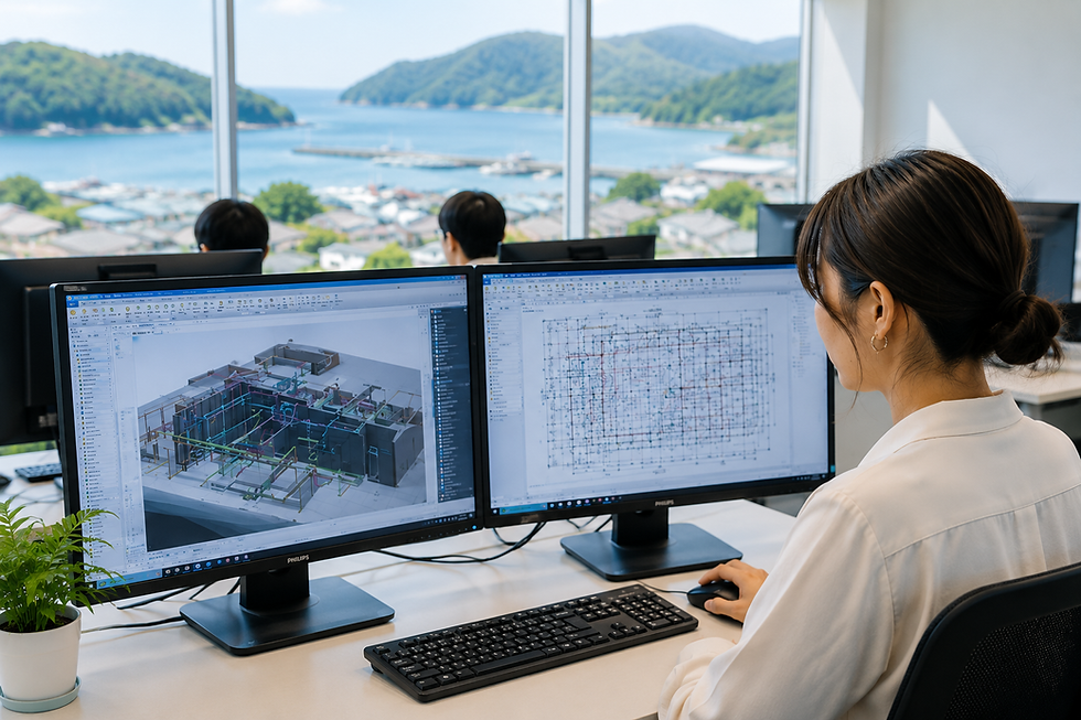 絶景の見えるオフィスでCAD図面を操作するスタッフ