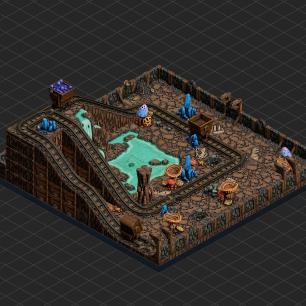 Thumbnail: Angled view of Crystal Minefalls showing minecart tracks, turquoise pool, crystals, and glowing fungi.