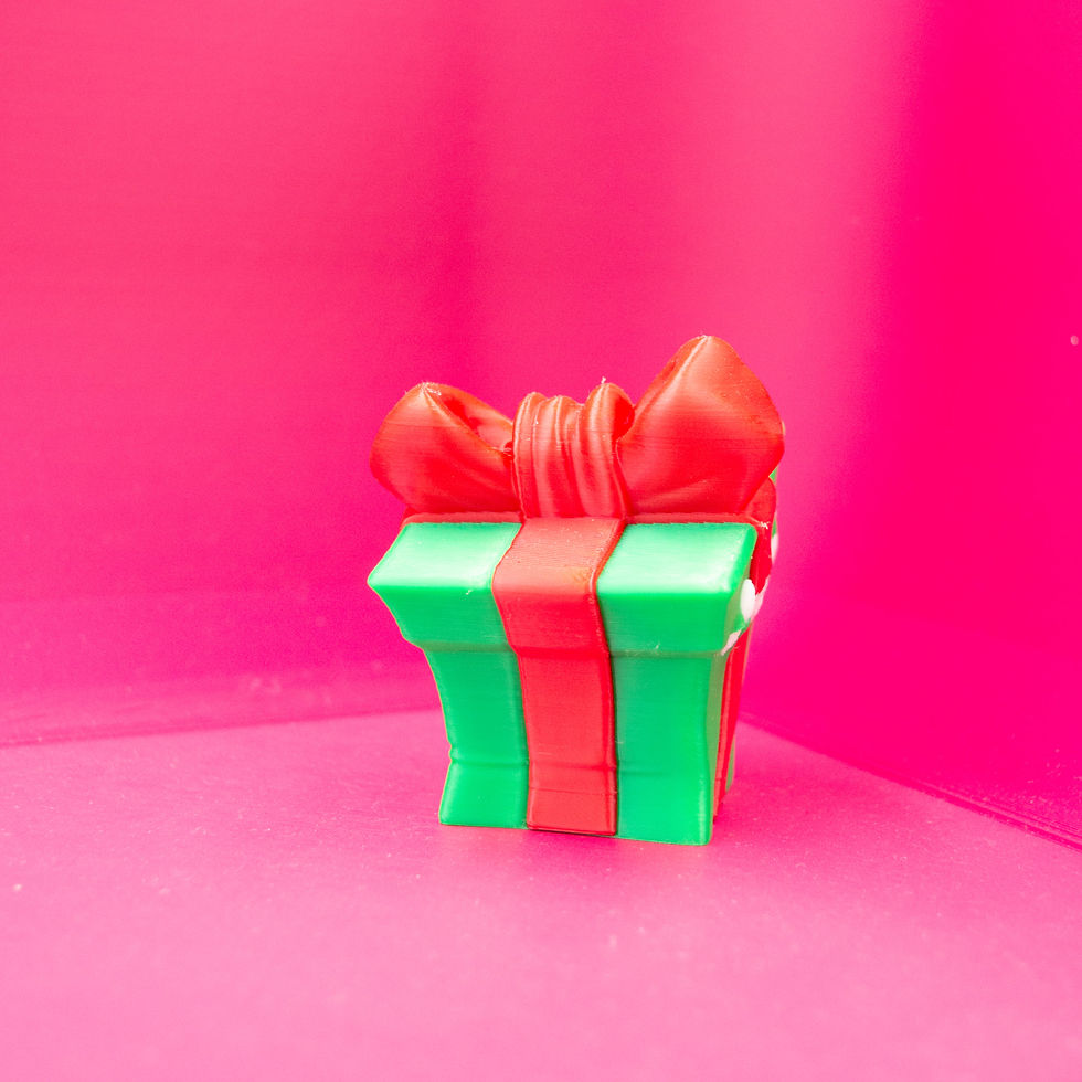 Thumbnail: Back view of the mimic Christmas present decoration showing the red bow.