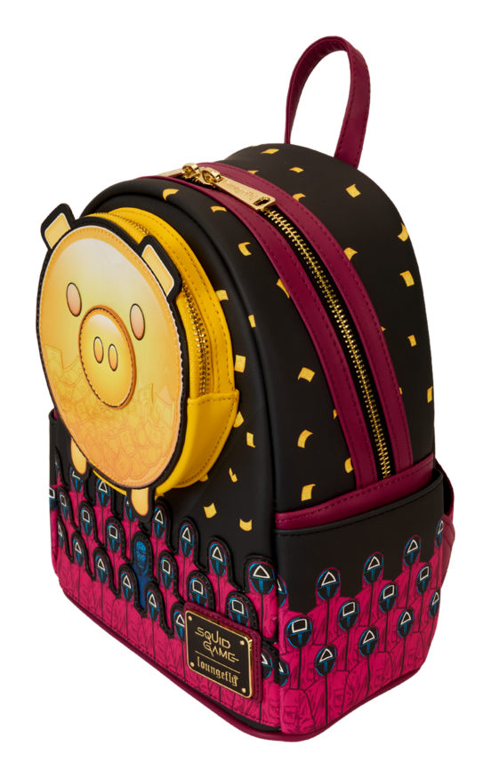 Thumbnail: Top angled view Mini backpack with piggy bank design, yellow zips, and falling money print.