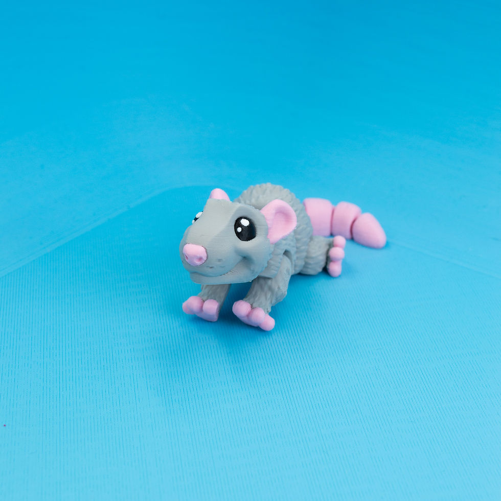 Thumbnail: Front view of grey 3D printed rat with big eyes.