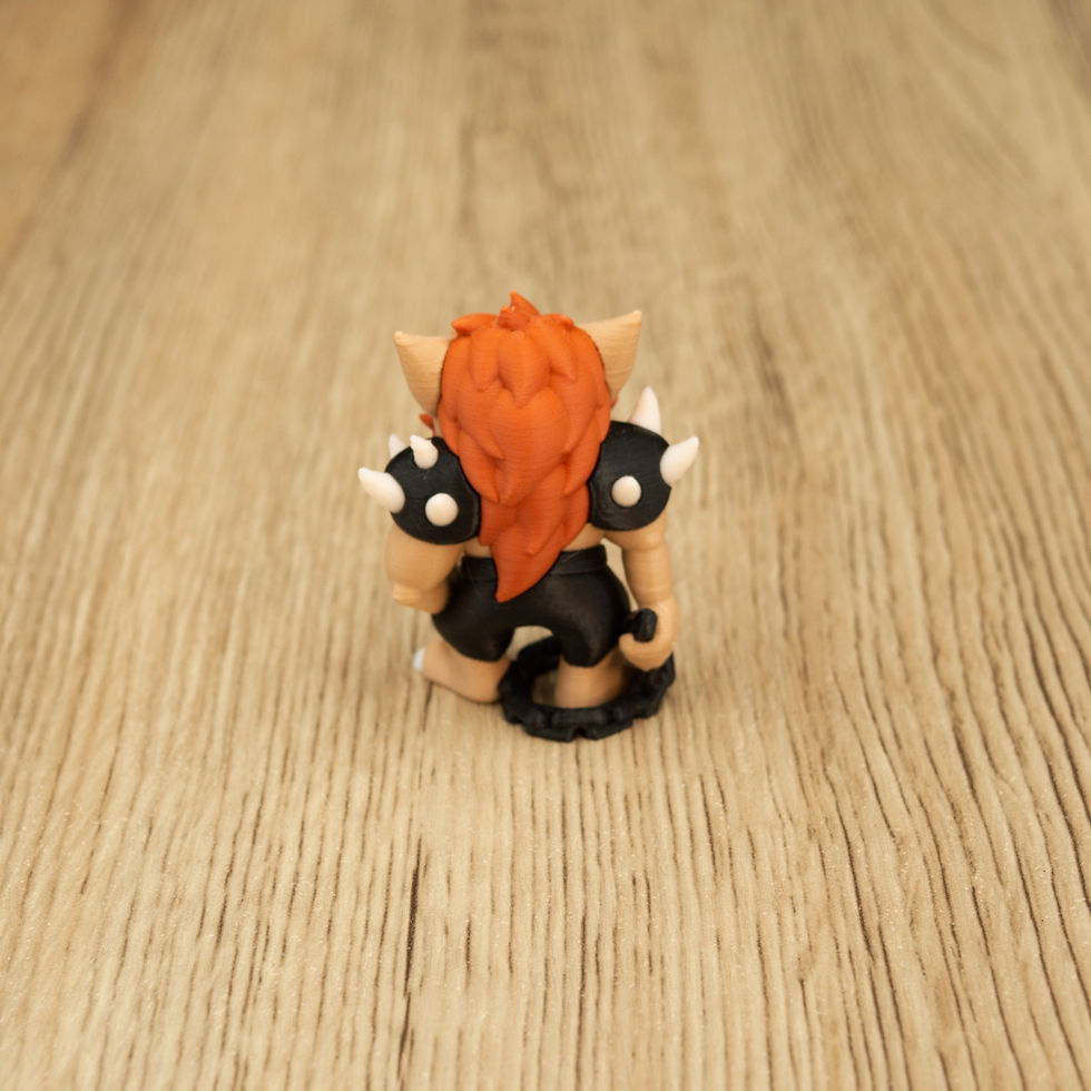 Thumbnail: Back view of a 3D printed crouching bugbear miniature with orange hair, black armour, and spiked shoulder pads.