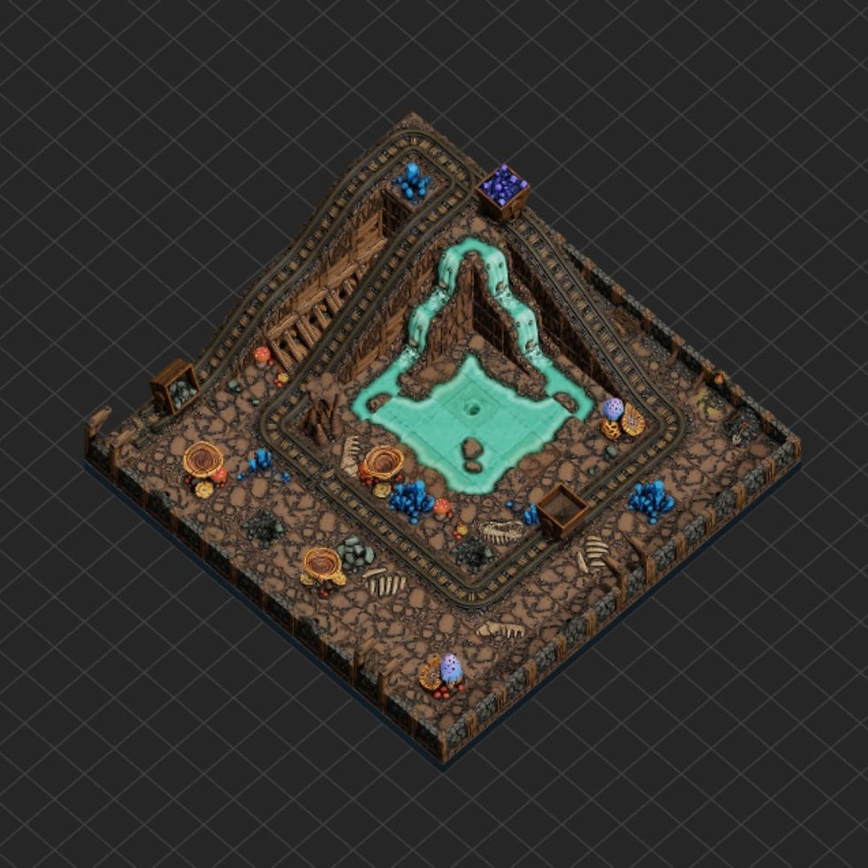 Thumbnail: Overhead dungeon map with rails circling a turquoise pool, mushrooms, crystals, and minecarts.