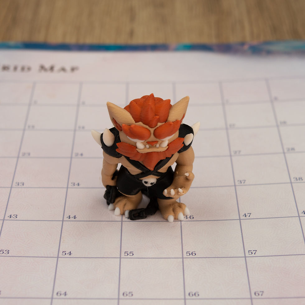 Thumbnail: 3D printed crouching bugbear miniature on a numbered grid map for tabletop roleplaying games.