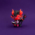 Front view of Tiefling Warlock miniature with red skin, black robes, staff, and spellbook.