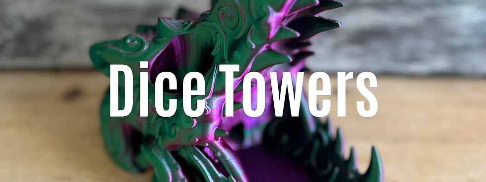 Green and purple dragon-shaped dice tower against wooden background. Text reads "Dice Towers." Bold design with intricate details.