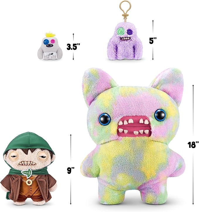 Thumbnail: Four different plush sizes compared: 3.5”, 5”, 9”, and 18” tall.