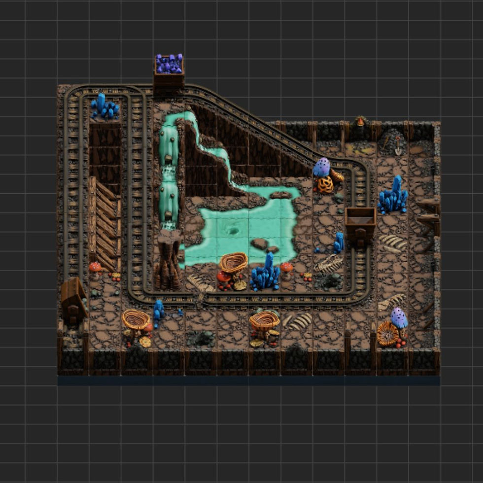 Thumbnail: 3D isometric dungeon map with minecart tracks, glowing crystals, fungi, and a twin waterfall feeding into a pool.