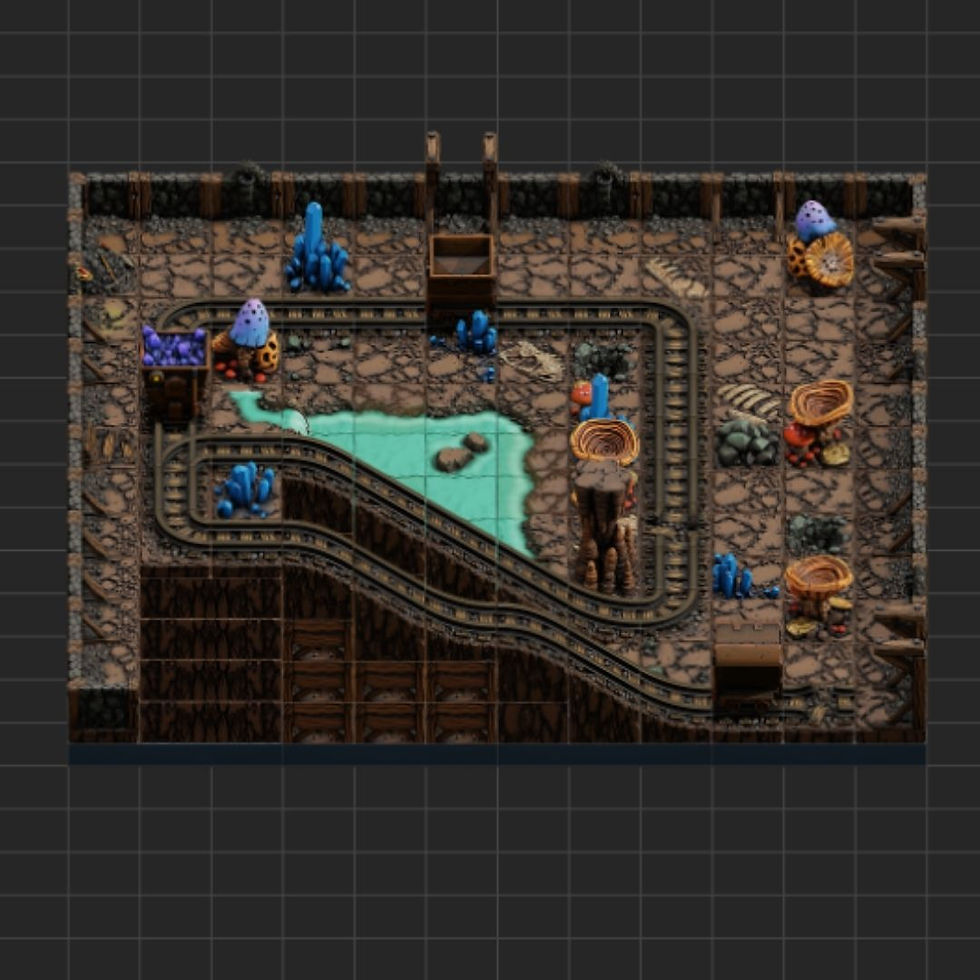 Thumbnail: Top-down dungeon map view of Crystal Minefalls with looping minecart rails, waterfalls, crystals, and mushrooms.