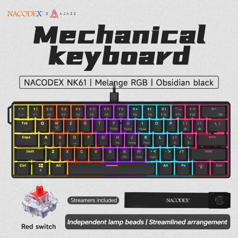 Thumbnail: AJAZZ NK61 Wired Mechanical Keyboard 61 Keys 60% Compact  Hot Swappable Red Swit