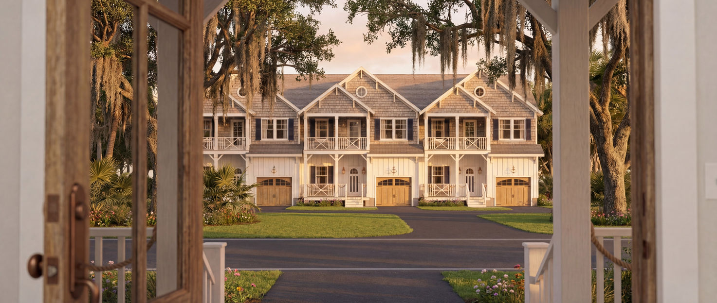View through an open front door looking out at the charming coastal townhouses and streetscape of Hilton Heaven.