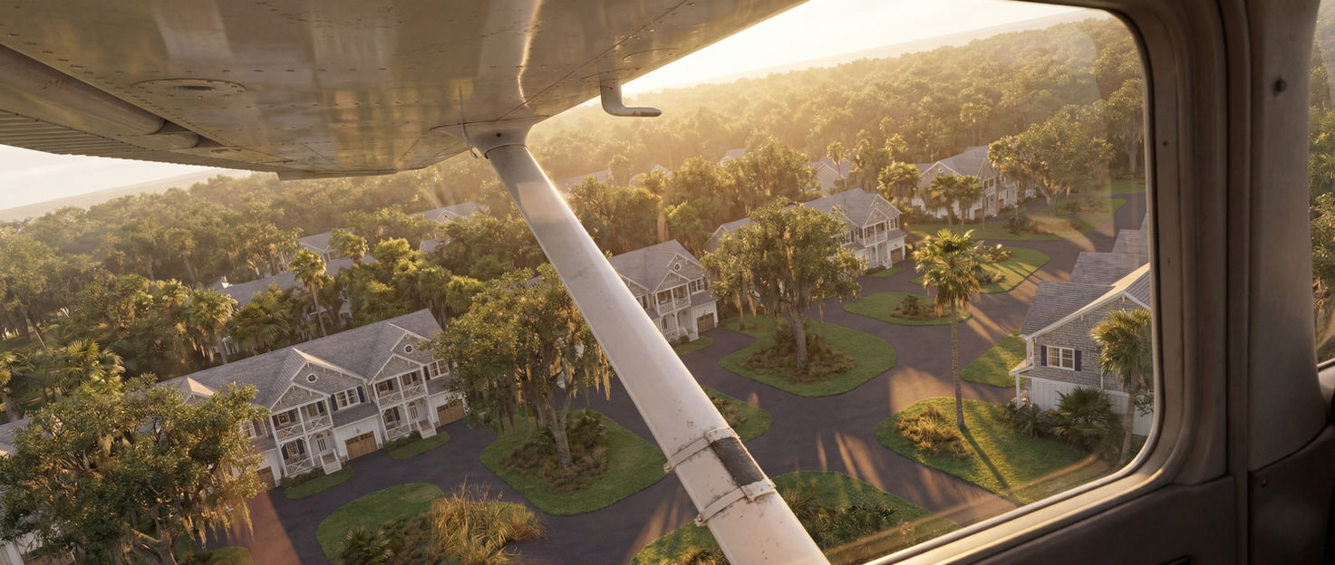 Aerial view from a plane wing showing the Hilton Heaven villas nestled within the lush maritime forest.
