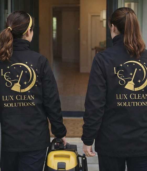 Deux agentes de nettoyage Lux Clean Solutions arrivent chez un client avec leur matériel professionnel pour assurer une prestation de nettoyage à domicile.