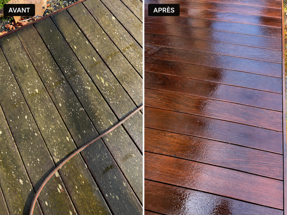 Terrasse en bois nettoyée haute pression avant après